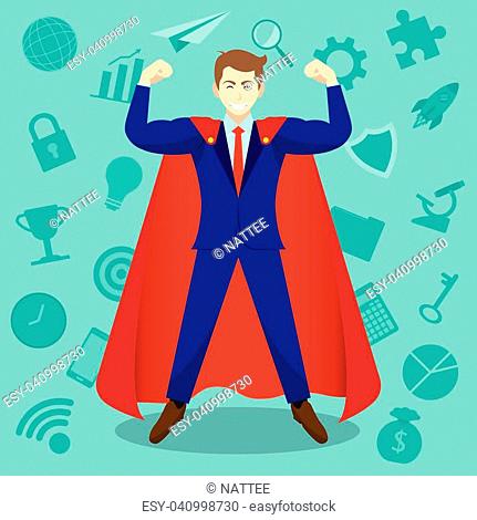Business Concept As A Muscular Businessman Is Wearing Red Cloak In Front Of Business Icons. It Means Enhancing, Strengthening Self Performance For Work