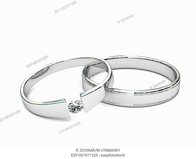 Platinum or silver rings with diamond on white background. High resolution 3D image