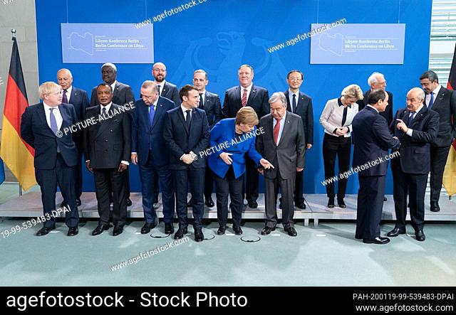 19 January 2020, Berlin: The family photo shows (front, l-r) Boris Johnson, Prime Minister of Great Britain, Denis Sassou Nguesso, President of the Congo