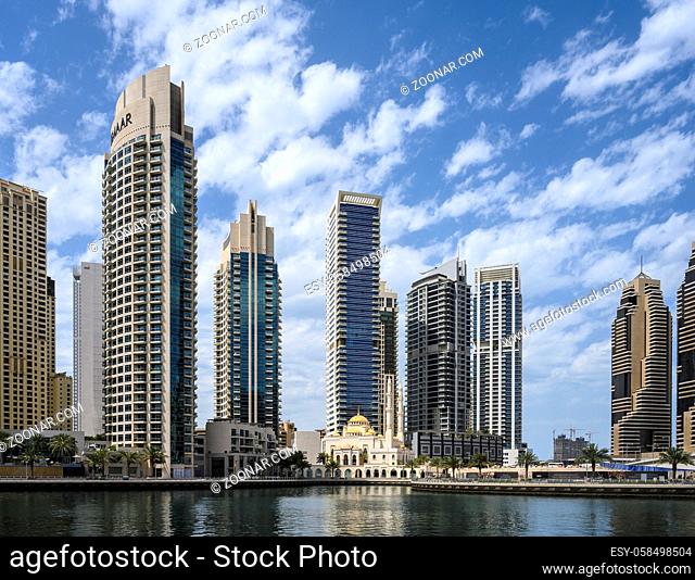 Marina Bay and skyscrapers in Dubai, UAE. Clear Sunny day 15 March 2020