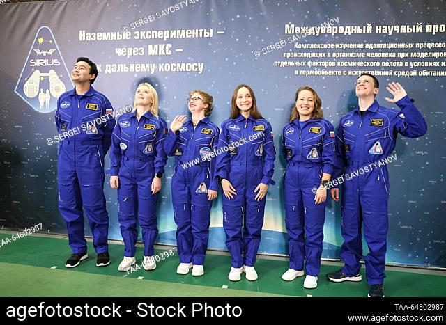 RUSSIA, MOSCOW - NOVEMBER 14, 2023: Researchers Rustam Zaripov, Olga Mastitskaya, crew physician Ksenia Orlova, flight engineer Anzhelika Parfenova