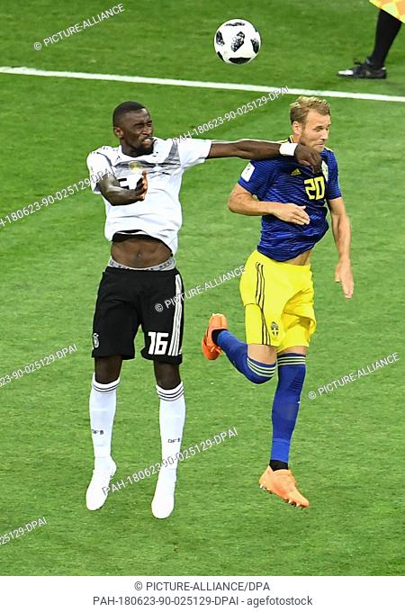 23 June 2018, Sochi, Russia - Soccer World Cup, Germany vs Sweden, Group Stage, Group F, 2nd matchday, Sochi Stadium: Antonio Rüdiger (L) from Germany in action...