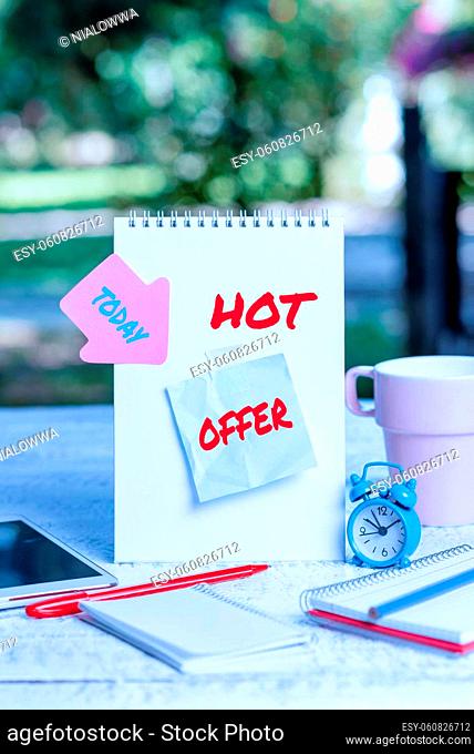 Hand writing sign Hot Offer, Conceptual photo product or programme that is offered at reduced prices or rates Outdoor Coffee And Refresment Shop Ideas