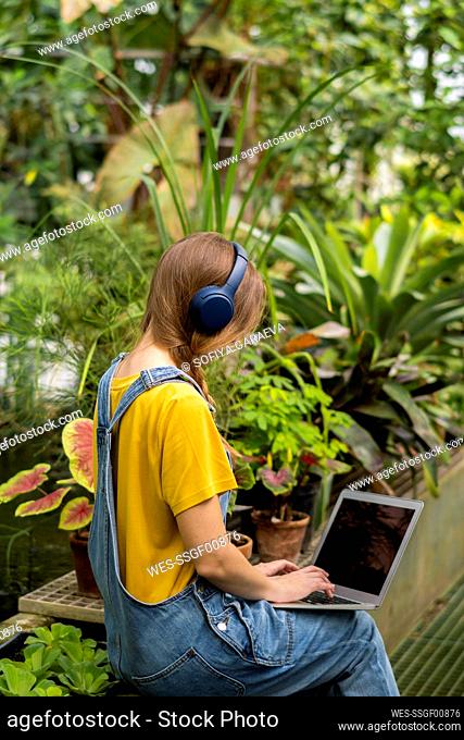Young woman using laptop listening music through wireless headphones sitting in garden