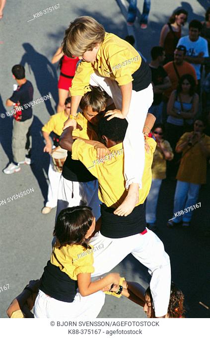 'Castellers' human towers builders, a Catalan tradition. Sant Pere de Ribes. Barcelona province, Spain