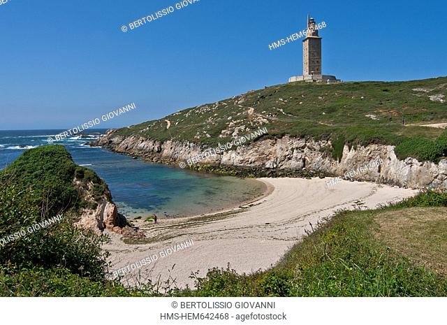 Spain, Galicia, La Coruna, Tower of Hercules, listed as Wolrd Heritage by UNESCO, the symbol of the city, leading Roman 2nd century, Lagoa beach