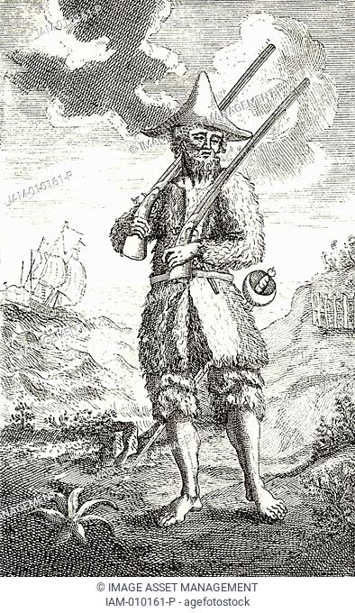 Robinson Crusoe, barefoot and dressed in goatskins, pictured on the island where he spent many years after his shipwreck  Frontispiece of the first edition of...
