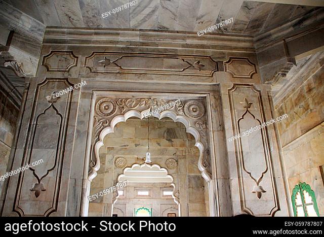 Marble interior with arched open entrances at Jaswanth Thada in Jodhpur, Rajasthan, India, Asia