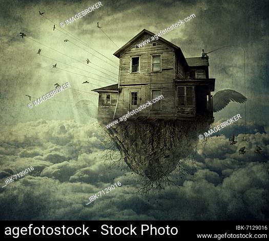 Boy with a fishing rod standing on the roof of a flying house, ripped from the ground and a flock of birds carrying the house over the clouds