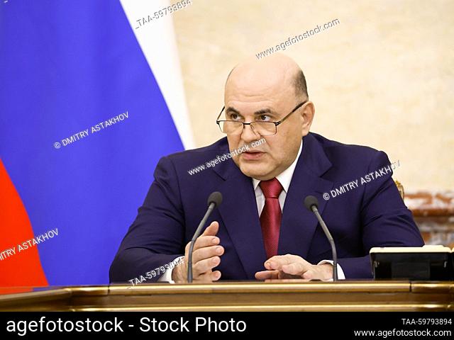 RUSSIA, MOSCOW - JUNE 13, 2023: Russia's Prime Minister Mikhail Mishustin is seen during a meeting of Russian government officials at the House of the Russian...