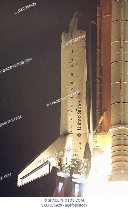 11/30/2000 -- Space Shuttle Endeavour rockets off Launch Pad 39B in a perfect, on-time launch. Liftoff of Endeavour occurred at 10:06:01 p.m