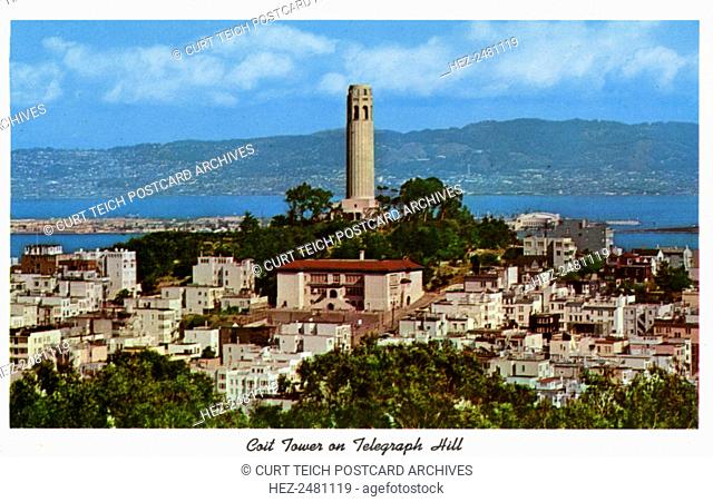 Coit Tower on Telegraph Hill, San Francisco, California, USA, 1957. Vintage postcard showing Coit Tower on Telegraph Hill overlooking the Bay with spectacular...