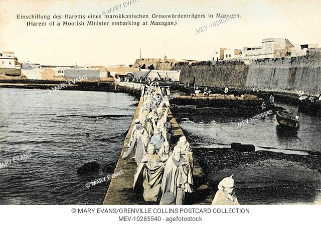 The Harem of a Moorish Minister embarking at Mazagan. The Portuguese fortification of Mazagan, now part of the city of El Jadida, 90-km southwest of Casablanca