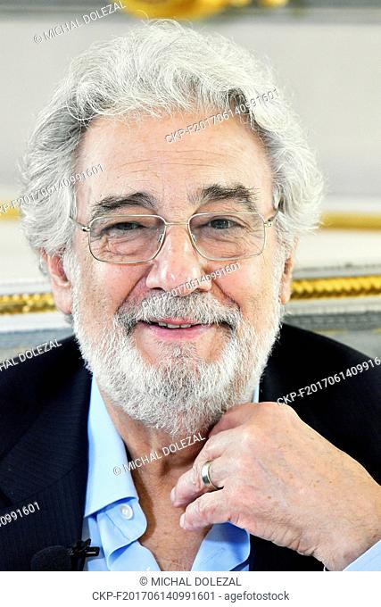 Placido Domingo speaks with journalists during the press conference in The Estates Theater / Stavovske divadlo in Prague, Czech Republic, June 13, 2017