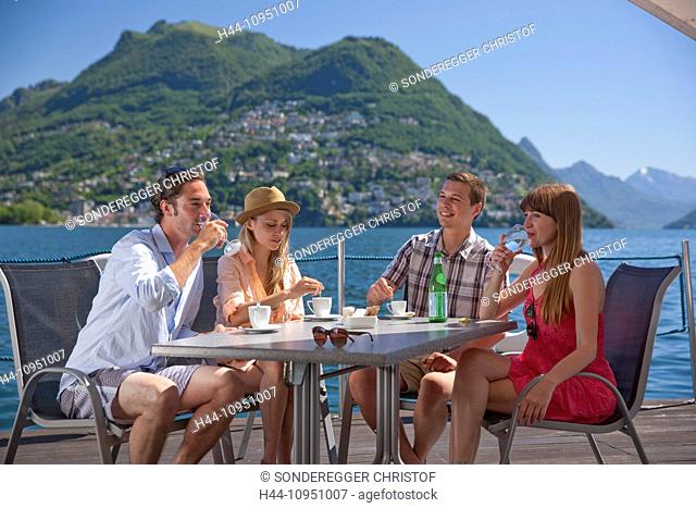 Switzerland, Europe, Paradiso, group, woman, man, couple, couples, lake Lugano, Monte Bre, lake, canton, TI, Ticino, Southern Switzerland, restaurant, drink