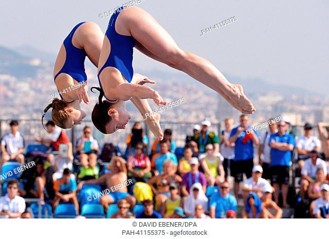 Rebecca Gallantree (R) and Alicia Blagg of Great Britain in action during the women's 3m Synchro Springboard diving preliminaries of the 15th FINA Swimming...