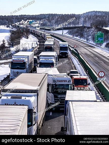 Trucks are jammed on the motorway D8 in front of the Czech-Germany border crossing in Petrovice, Czech Republic, February 15, 2021