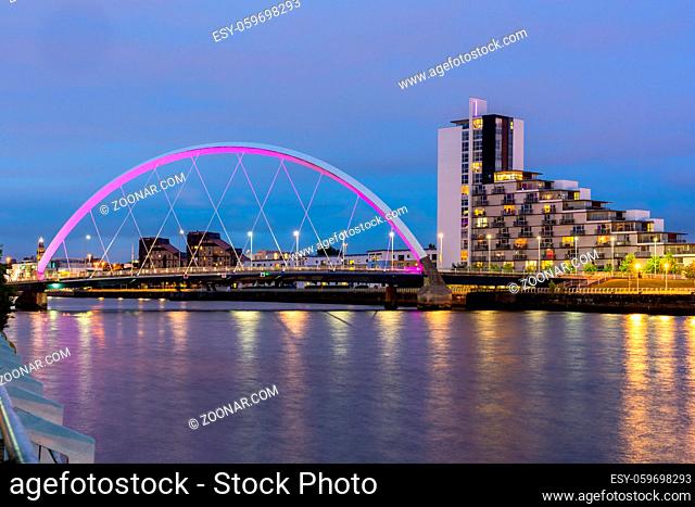 Clyde Arc Bridge along River Clyde Sunset twilight at Glasgow city Scotland UK