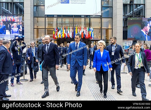 European Council President Charles Michel, Prime Minister of Spain Pedro Sanchez and European Commission President Ursula Von der Leyen pictured during a...