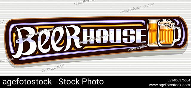 Vector banner for Beer House, dark decorative sign board with illustration of full beer mug with froth and golden highball