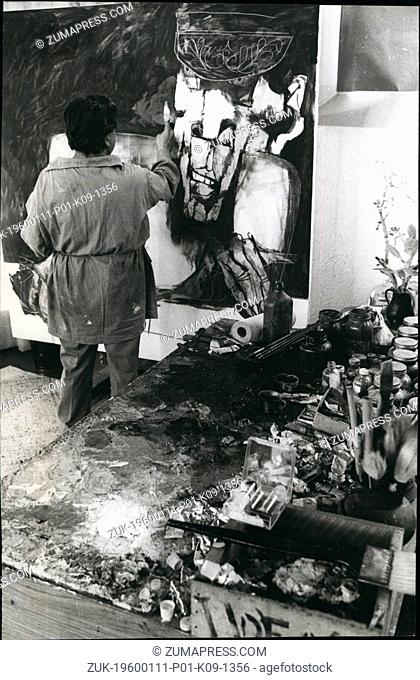 1971 - Oswaldo Guayasamin Ecuadorian Painter, Ouitos 1971: In front of an unfinished painting which marks the place where the sculptor's studio begins