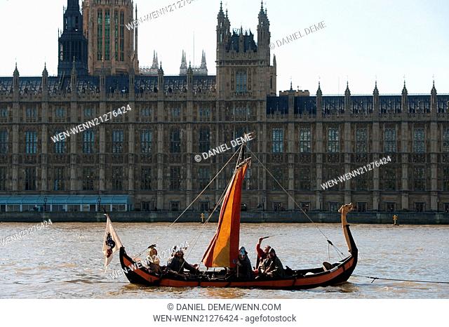 A crew of Vikings arrive in a replica Viking boat on the River Thames opposite the Houses of Parliament. The Viking “invasion” in London marks the forthcoming...