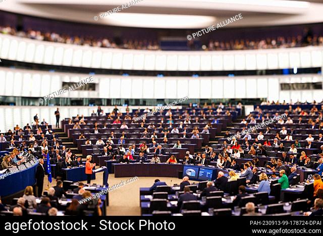 13 September 2023, France, Straßburg: Ursula von der Leyen (CDU, EPP Group), President of the European Commission, stands in the European Parliament building...