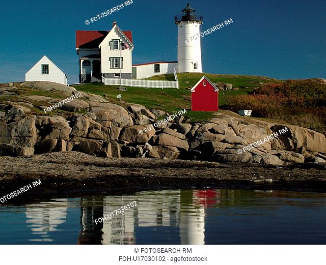 York Beach, ME, Maine, Cape Neddick Nubble Light, Lighthouse, reflection, calm water