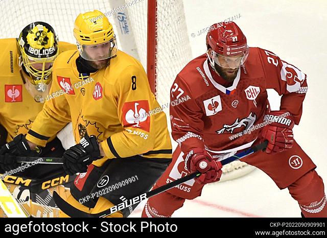 L-R Gustaf Lindvall (Skelleftea), Petter Granberg (Skelleftea) and Martin Ruzicka (Trinec) in action during the Champions Hockey League, Group H