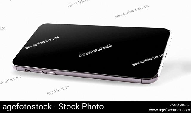 Closeup Horizontal modern digital black Smartphone mobile mockup blank side screen isolated on white background, no clipping path