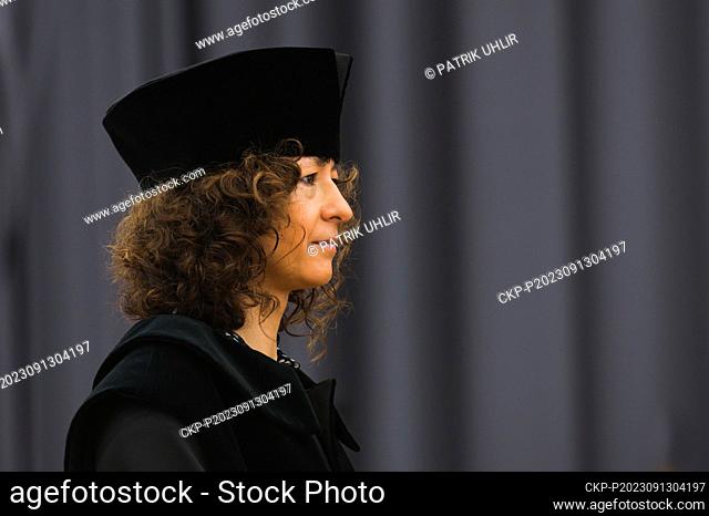French Nobelist Emmanuelle Charpentier, co-author of ""genetic scissors"" receives an honorary doctorate from Mendel University Brno, on September 13, 2023