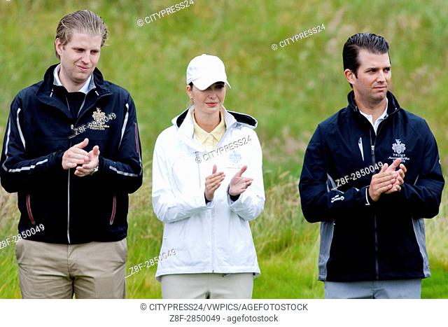 Donald Trump's children l-r Eric, Ivanka and Donald Jr. Opening of Trump International Golf Links. Official opening of Donald Trump's golf course at the Menie...