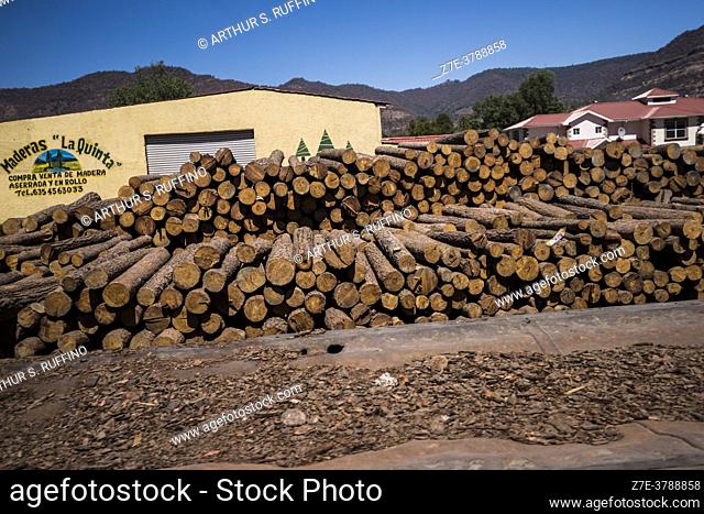 Lumber yard adjacent railroad line. Copper Canyon scenic rail journey. Chihuahua al Pacifico Railroad. Sierra Madre Occidental, Chihuahua State, Mexico