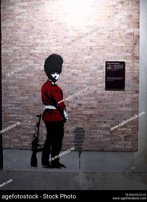 Artwork 'Queen's guard pissing ' at the exhibition 'The world of Banksy' at the station Torino Porta Nuova. The exhibition itinerary presents over 90 works of...