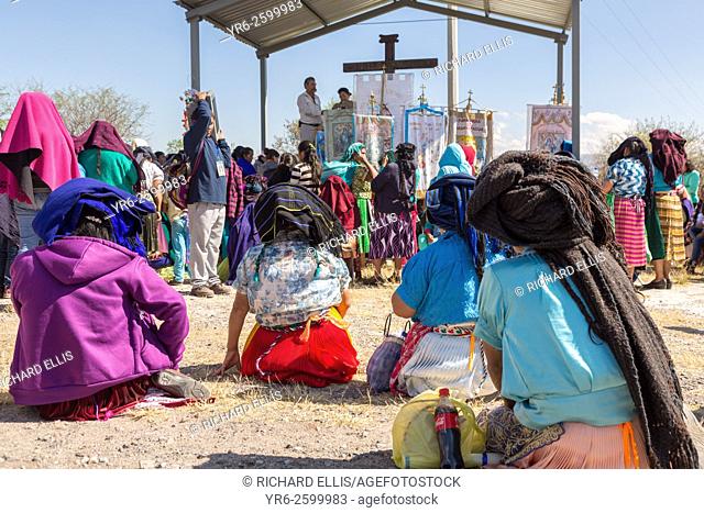 Indigenous pilgrims listen to an outdoor mass on the pilgrimage route to the Sanctuary of Atotonilco an important Catholic shrine in Atotonilco, Mexico