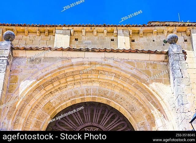 Romanesque architecture details. Church of Our Lady La Virgen de la Peña, Romanesque style. Sepulveda, Segovia, Castilla y León, Spain, Europe