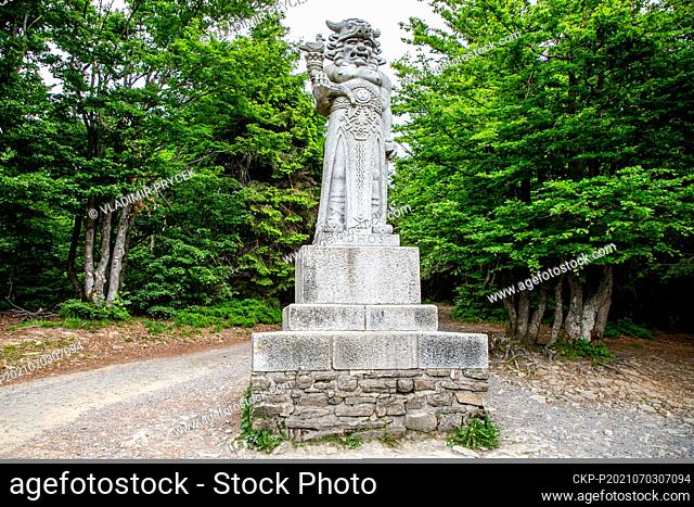 The statue of Radegast, an old god of Slavic mythology, is seen on June 19, 2021, on the Radhost mountain, Moravian-Silesian Beskids, Czech Republic