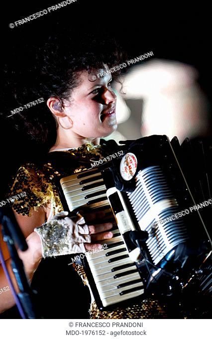 The musician and singer member of Arcade Fire Régine Chassagne performing at the Arena Civica in a photo shooting. Milan, Italy. 5th July 2011