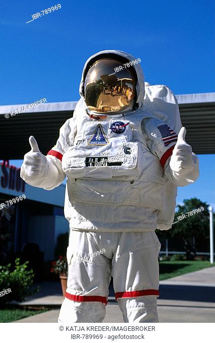Astronaut, two thumbs up, at Kennedy Space Center, Cape Canaveral, Florida, USA
