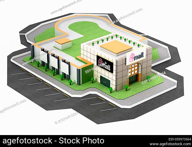 Generic shopping mall building isolated on white background. 3D illustration