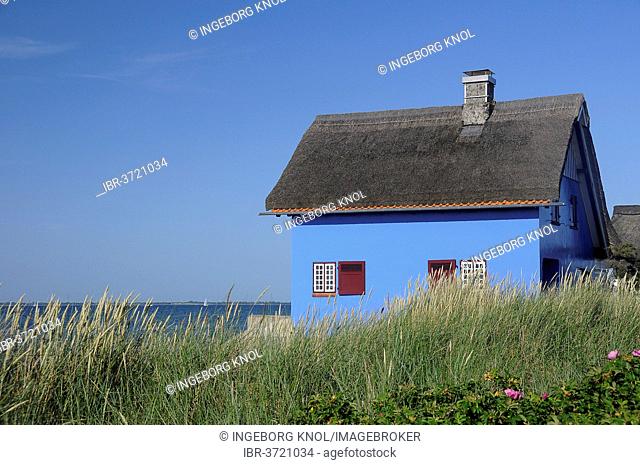 Blue beach house, Graswarder, Heiligenhafen, Schleswig-Holstein, Germany
