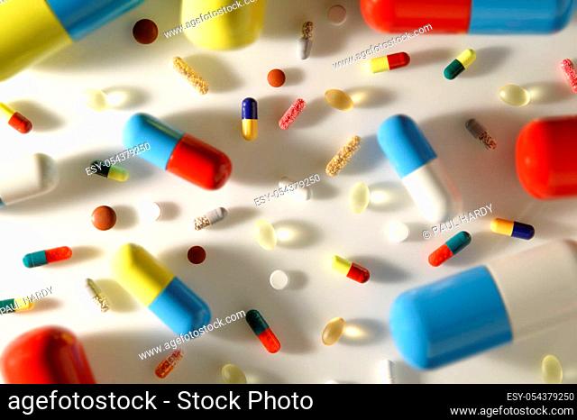 Top view of an assortment of pills themes of medication health care pill