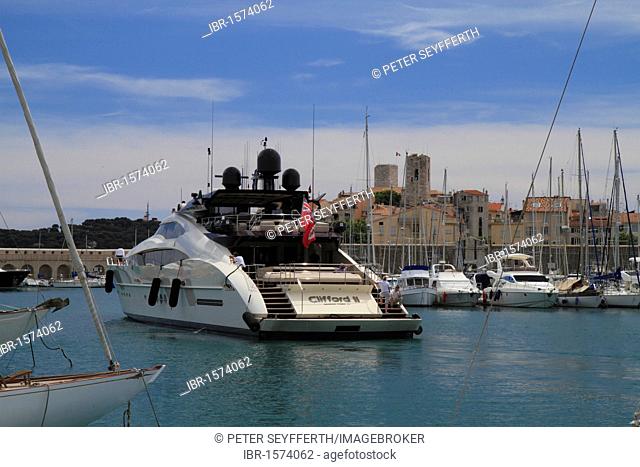 Motoryacht Clifford II, Palmer Johnson Yachts shipyard, in the port Antibes, in the back old town with the cathedral, Département Alpes Maritimes