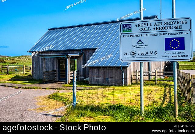 Airport terminal and signage on the island of Coll, Scotland
