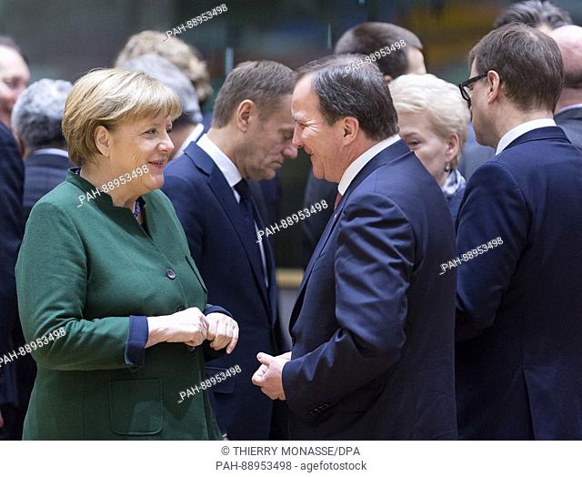 March 10, 2017. Brussels, Belgium: German Chancellor Angela Merkel (L) is talking with the President of the European Council Donald Franciszek Tusk (C) and the...