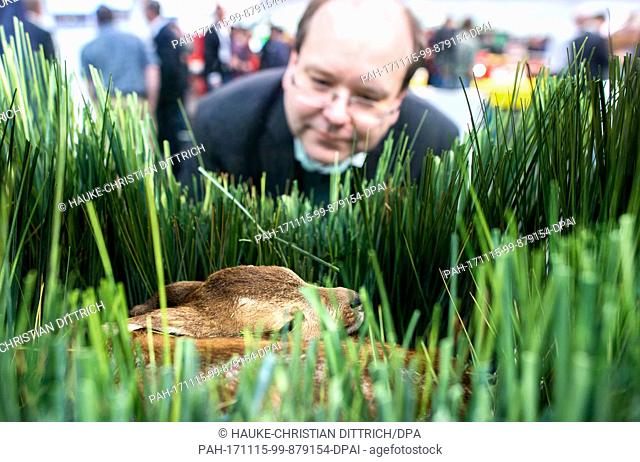 Lower Saxony's Minister of Agriculture Christian Meyer (The Greens Party) observes a technique for the protection of fawns at the stand of the company...