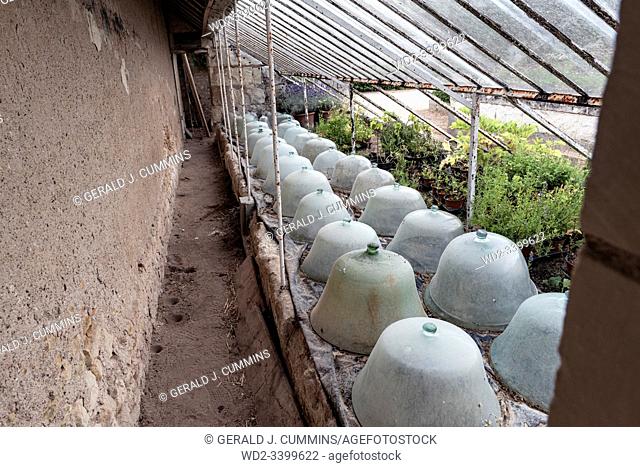Europe France Chenonceaux : 2019-07 Glass cloche, or bells used as portable miniature greenhouses. They were attached end to end to form a tunnel and cover rows...