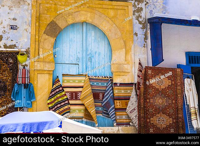 Carpet shop. Street view. Medina. Kairouan. Tunisia. Africa