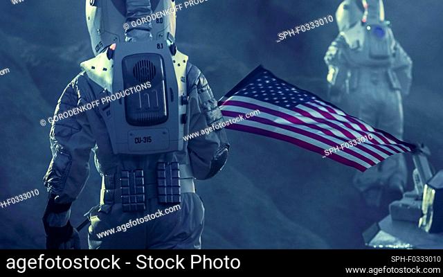 Astronauts exploring an alien planet carrying a US flag