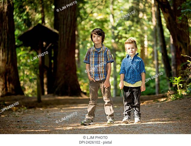 Two brothers on a path in a park in autumn; Langley, British Columbia, Canada